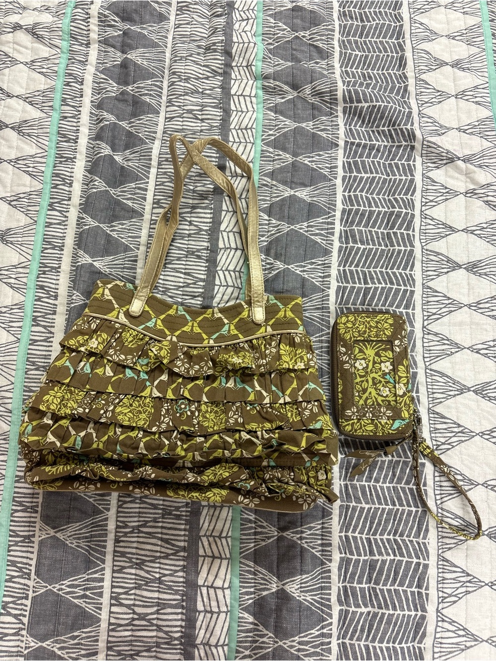 Vera Bradley Brown Floral Ruffle Shoulder Bag with Matching Wallet